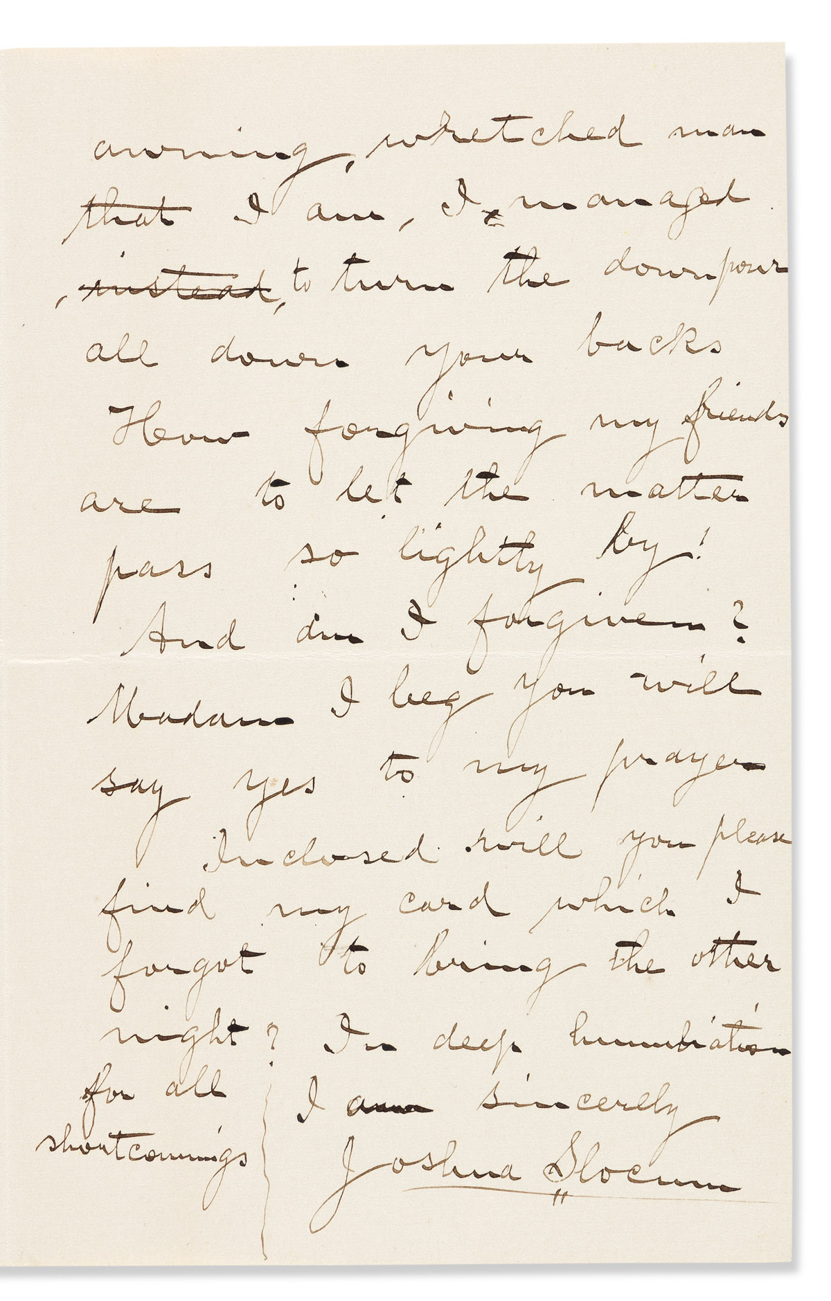 SLOCUM, JOSHUA. Two Autograph Letters Signed, to Dear Mrs. Anthony.